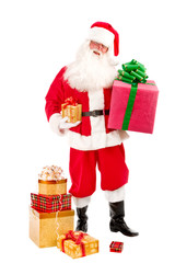 Santa Holding Christmas Present in his Hands on a White Backgrou