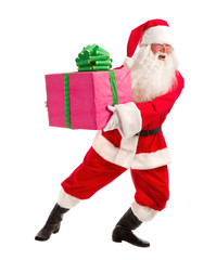 Santa Holding Christmas Present in his Hands on a White Backgrou
