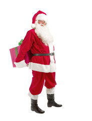 Santa Holding Christmas Present in his Hands on a White Backgrou