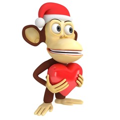3d funny monkey santa claus with red heart