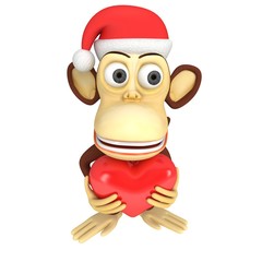 3d funny monkey santa claus with red heart