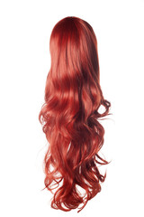 long curly red wig on a white background