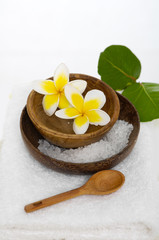 Fototapeta na wymiar bowl of frangipani with salt and leaf ,spoon on towel