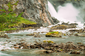 Beautiful Waterfall in the Valley of waterfalls in Norway