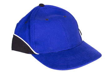 Blue baseball cap on white background, protection from sun