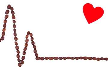 Cardiogram line of roasted coffee grains and red heart, medicine and healthcare concept