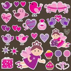 Stickers with birds, hearts, fairies