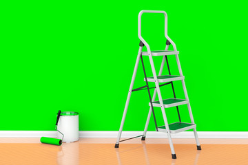 Painting of walls in a green color concept. Paint can with rolle