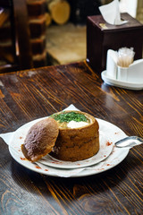 soup served in a bread bowl