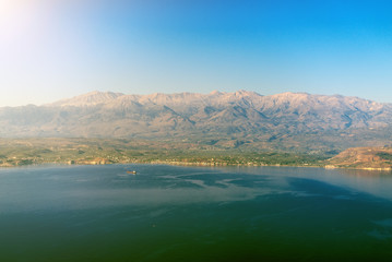 Aerial view of mountains and sea.