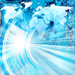 World map on a technological background, glowing lines symbols