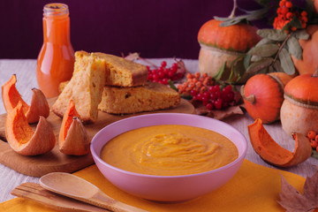 Autumn still life. Homemade Pumpkin Pie and soup.