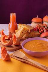 Autumn still life. Homemade Pumpkin Pie and soup.
