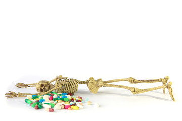 Stock Photo:. Human skeleton and Overdosing