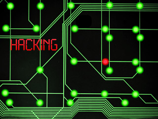 Circuit board concept with many green connectors and one red as a concept for hacking