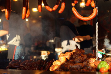 Sausages and grilled meats  at Christmas fair