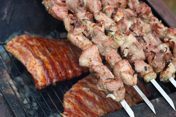 meat skewers on the barbecue coals