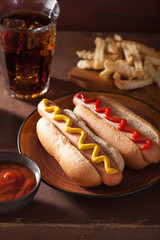 grilled hot dogs with mustard ketchup and french fries