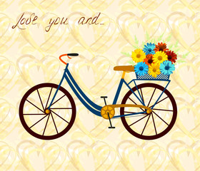 Fototapeta na wymiar Postcard for person, who love bike and woman alike. City bicycle with flowers in basket. Romantic background with hearts and flowers. Vector illustration. 
