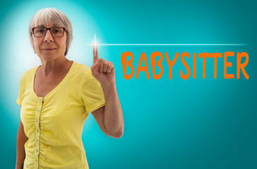 babysitter touchscreen is shown by senior woman concept.