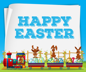 Happy Easter poster with rabbits on train