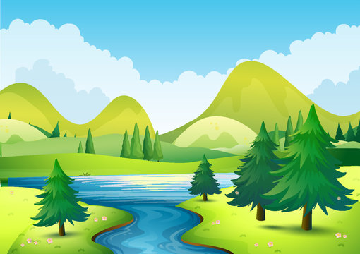 Nature scene with river and hills