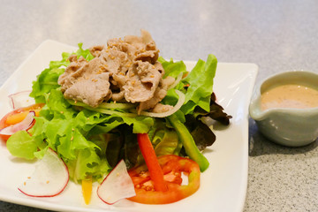 pork and mix vegetable salad with japanese salad dressing