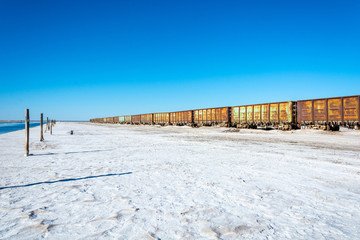Train on the lake Baskunchak.