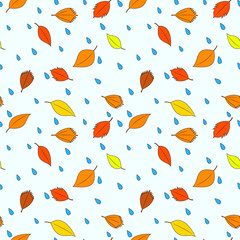 Autumn leaves and raindrops seamless pattern