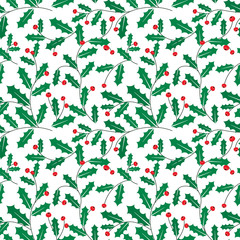 Christmas holly berries and leaves seamless pattern