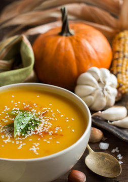 Fresh pumpkin soup and vegetables