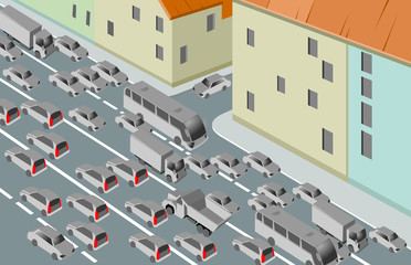 Heavy traffic in the city.Vector illustration of the heavy traffic on a city street with sidewalks and buildings in the background. Cartoon style. Concept. Postcard. Poster. Background.