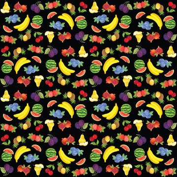 Pattern of different fruit. Strawberry, blueberry, cherry, plum, watermelon, pear, pineapple, banana and cherry. Fruit and vegetable on black background