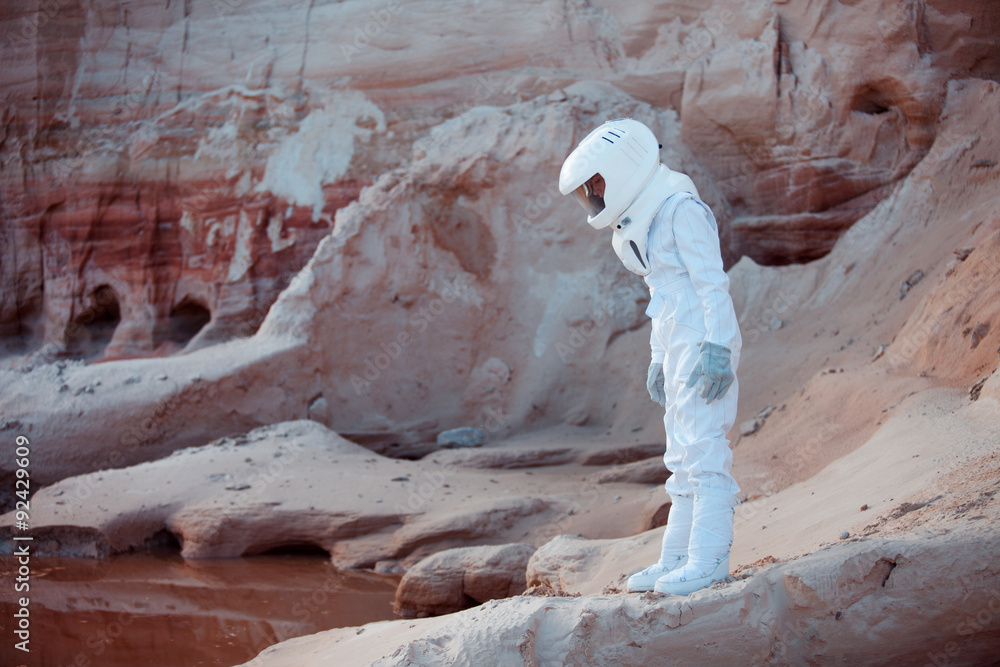 Poster futuristic astronaut on another planet, image with the effect of