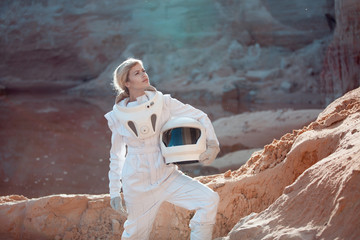 futuristic astronaut without a helmet on another planet, image
