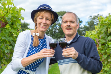 Caucasian couple toasting with glasses of red wine in vineyard