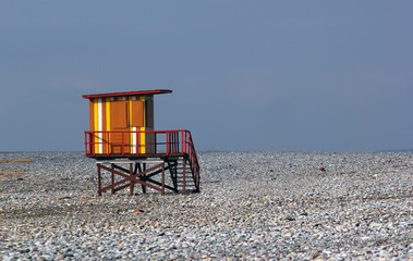 Colorful lifeguard house on empty winter beach in Batumi, Georgi