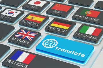 Fotobehang Vertaalconcept voor vreemde talen, online vertaler, macroweergave van computertoetsenbord met nationale vlaggen van wereldlanden op toetsen en blauwe vertaalknop © Cybrain