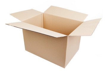 Opened cardboard box on white background