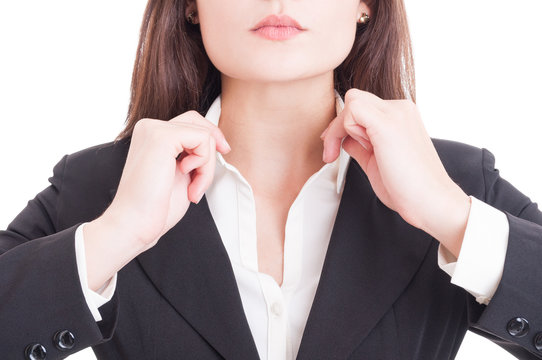 Closeup With Young Business Woman Hands Adjusting Shirt Collar