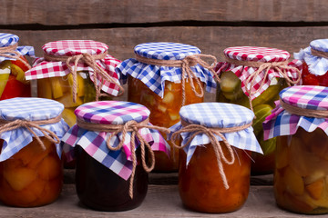 Beautiful conservation of fruits and vegetables in the cellar.