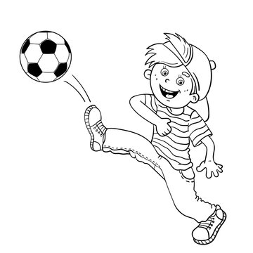 Coloring Page Outline Of A Boy kicking a soccer ball