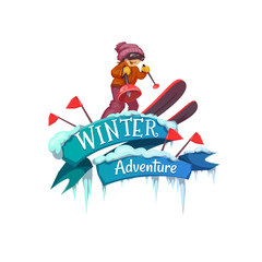 Winter Adventure banner with ribbon and ski. Vector illustration