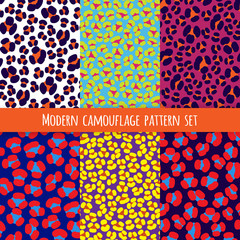 Camouflage animal print repeating illustration. Trendy fashion designs. Vector set of six seamless patterns in bright colors