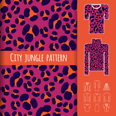 Trendy animal print seamless pattern with examples of usage. Fashion clothes vector illustration. Clothes icons set included. 