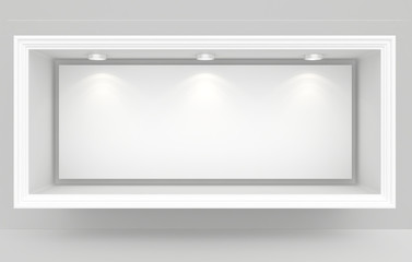 Obraz premium Exhibit Showcases with blank paper poster and light bulbs