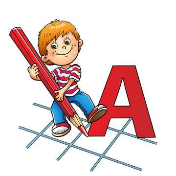 Young boy drawing a large letter in red pencil