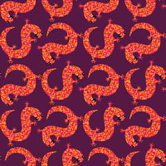 Bright seamless pattern with crawling salamanders. Vector illustration