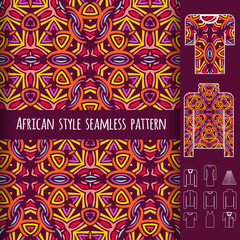 African style seamless pattern with examples of usage. Tribal repeating ornament for fashion clothes. Vector illustration