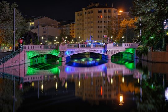 one of night Old and historical bridge in Eskisehir Turkey